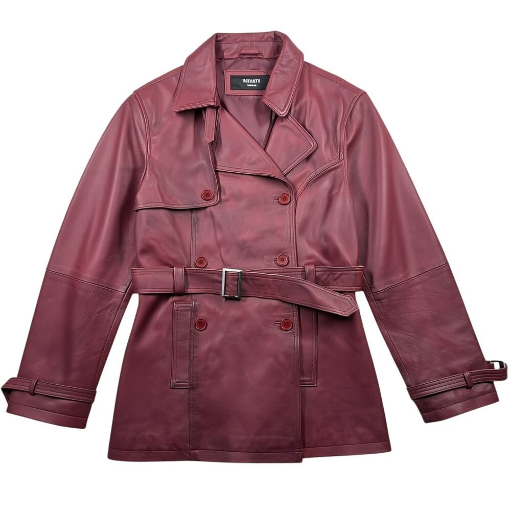 Infinity Trench Coat Womens 10/M Burgundy Nappa Leather Belted Double Breasted
